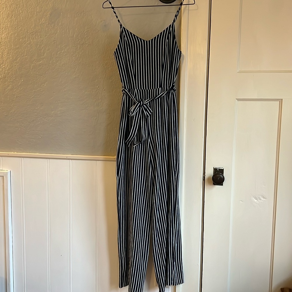 Monteau- size S - blue and white pinstriped jumpsuit romper